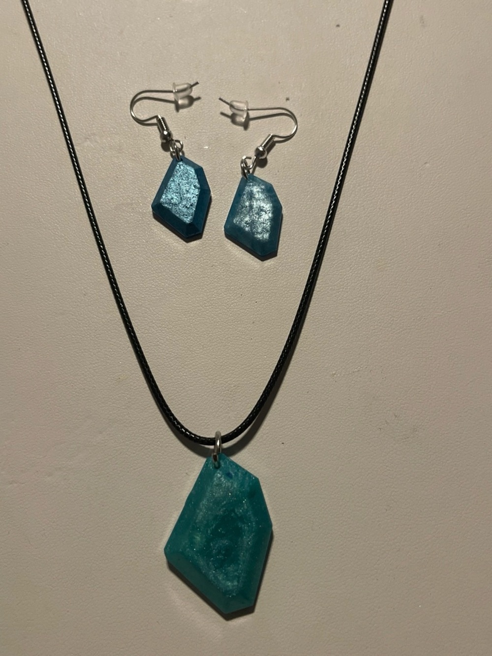 Handcrafted Teal Geometric Pendant Necklace and Earrings Set